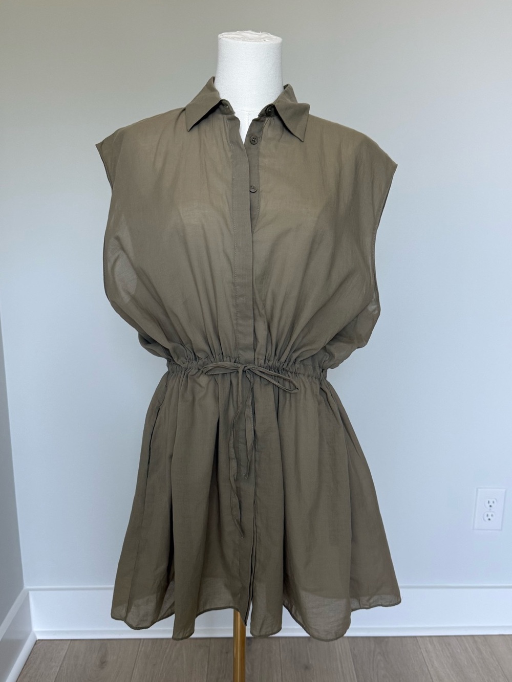 NWT ZARA 100% Cotton Olive Green Sleeveless Tie-Waist Mini Dress